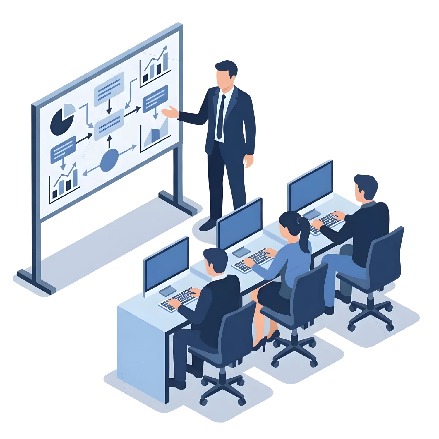 コンサルタントが社員にホワイトボードで業務フローを説明しているイラスト